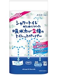エリエール シャワートイレのためにつくった吸水力が2倍のトイレットペーパー 25m(112シート)×12ロールダブル パルプ100%