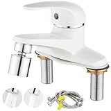 KOLERTHR 洗面水栓 洗面用混合栓 洗面台蛇口 2穴 ツーホール式 360°回転可能な注ぎ口 2つの吐水モード 冷 温 切り替え 水栓金具 取り付けホース付き 真鍮製 (ホワイト)