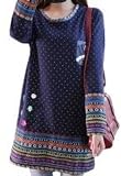 （ラントン）RAN TON ドット 水玉 花柄 モチーフ 裾 刺繡 柄付 防寒 裏地付 チュニック ワンピース レディース （ ネイビー 、 ベージュ ） S ~４XL (紺, L)