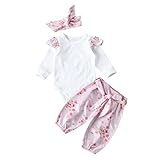 トップス+パンツ+ヘッドバンド3点セット　ベビーガールズ　ベビースーツ　女の子　赤ちゃん服　ふわふわ飛び袖　ロンパース　花柄　パンツ　 (6-12M, ピンク)
