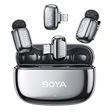 BOYA miniワイヤレスマイク【超ミニ360°集音ピンマイク】タイプc&Lightning無線マイク iPhone 16シリーズ対応 Android&iPhone用 USB-C 瞬時接続 ノイズ軽減 プラグ＆プレイ 伝送距離100m 2人用 AI音声変換 38時間連続使用 クリップ式 Vlog撮影/動画配信/生放送等に対応 収納充電ケース付き（Type C&Lightning機種対応）白