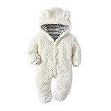 Dragon Honor ベビー おくるみ 新生児 カバーオール ロンパース 可愛い耳 シロクマ 前開き フード付き 柔らかい ふわふわ 暖かい 厚手 無地 綿 出産祝い プレゼント 秋冬 防寒着 (