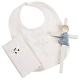Elegant Baby Boy's Christening Gift Set Includes 100% Cotton Bib, Wall Hanging Porcelain Cross & Bib