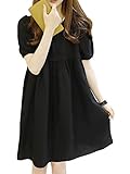 【SEBLES】マタニティ ファッション ワンピース カジュアル フレア スカート 無地 コットン 綿麻 ラウンドネック ハイウエスト ミニスカート 半袖 初夏 夏(ブラック,M)