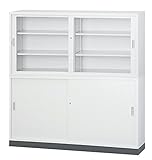 ≪セット商品≫ 【HCB-TS1760SET】 キャビネット 書庫 収納 完成品 浅型 ガラス引戸書庫+スチール引戸書庫+ベース+上下連結金具 戸棚 書棚 【オフィス家具市場オリジナル:日本製】 W1760×D400×H1850 ホワイトグ