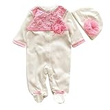 Tonsee ベビー服 可愛い 花柄 ロンパース 帽子 セット 赤ちゃん 前開き カバーオール パジャマ (50, ホワイト)