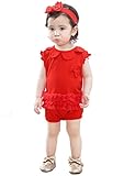 Asia Color ロンパース ベビー服 新生児 ふりふり おリボンヘアバンドセット オールインワン レース 誕生日 セレモニー バースデー (85cm, レッド)