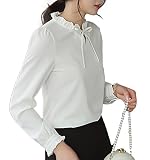 （エスティーリーフ）Esty leaf レディース ブラウス オフィス リボン フリルネック きれいめ 白 長袖 大人 可愛い 上品 Lサイズ