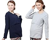 (エカイズ) EKA*is... 授乳服 長袖 2枚組 Tシャツ トップス インナー マタニティ 妊婦服 無地 w034 (L, ネイビー×グレー)