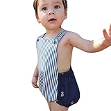 Karchi 子供オールインワン 　ベビー連体服 ボーダー柄プリント　袖なしサロペットパンツ ベビー ロンパース　女の子用　普段着 カジュアル 可愛い 春夏　ネイビ (80)