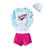 正規品 最新 子供水着 女児水着 男児水着 ピンク/ブラック 長袖 セパレート3点セット キッズ水着 帽子付き水着 ラッシュガード スイムキャップ UPF50+素材使用 (9T(120-130), 女