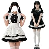 [FULINE] ハロウィン コスプレ メイド 可愛い メイド服 半袖 7点セット ブラック ロング ショート丈 レディース ワンピース レース フリル 蝶結び 日常 ドレス 喫茶店 遊園地 ブラックL