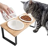 猫食器 ネコボウル ねこエサ入れ 食器スタント スタンド ねこ給食 ペット ボウル フード用 スタンド 竹製 ねこ ご飯台 陶製 フードボウル ダブル おやつ皿 小型犬 セラミック フード用 (ナチュラル)