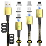 SUNTAIHO マグネット USB充電ケーブル 3A急速充電USB磁気ケーブル【2本セット/6個磁気端子】データ転送にも対応したマグネット式US-B充電コード US-B Type-C、MicroUS-B、US-B Type-L 磁石 防塵 着脱式 US-B Magnetic Charging Cable LED付き-SYCX-001[1.2M+2M]