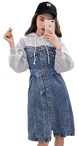 Mua Alhyla レディース ワンピース デニム スリム 腰ベルト付き 着痩せ パーカーワンピース フード付き 膝丈 Aラインワンピース ドレス カジュアル バイカラー スプライスグレーbs2 Tren Amazon Nhật Chinh Hang Fado