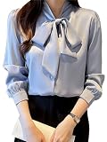 [Lalapala] シャツ レディース 長袖 シフォン リボン ボウタイブラウス 爽やか トップス おしゃれ 大きいサイズ ボウタイ リボンブラウス カジュアル オフィス 通勤 春 白 ゆったり きれいめ 着痩せ (JP, アルファベット, M, グレーブルー)