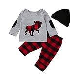 AutumnFall 3pcs乳児ベビー女の子男の子服動物パターントップス+チェック印刷パンツ+帽子セット幼児用服装 24M グレイ