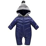 Snone ベビー カバーオール ロンパース フード付 冬 防寒アウター ジャンプスーツ 綿入れ 赤ちゃん　新生児 子供　男女兼用　90-120cm ローズレッド/ネイビー