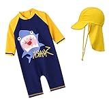 QD-WST ベビー 水着 男の子 UVカットキャップ付き 二点セット 正規品 男の子ラッシュガード サメ カニ ワンピース　紫外線対策 UPF50+ (M, サメ)