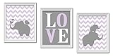 Adorableグレー、ホワイトとパープルシェブロンElephant Loveセット、Perfect for a子の部屋や子供部屋 Three 8x10in White Framed Prints