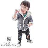 [milky time]ベビー 赤ちゃん ハーフコート アウター 防寒 子供服 フード付き 裏起毛 女の子 男の子 秋冬春 (90cm, グレー)