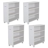 【地球家具】押入収納 コミックラック 漫画収納 ワゴン [国産 日本製] [取っ手・キャスター付] [最大120冊マンガ収納] [棚板高さ調節可能] [棚耐荷重10kg] 4台セット ホワイト