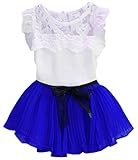 (コ-ランド) Co-land 子供服 キッズトップス プリーツスカート 上下2点セット 半袖シャツ 白 女の子 ワンピース ガールズドレス フリル ベビー 夏着 サファイア色 100cm