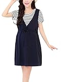 【MIKA&MAYA】 マタニティ 半袖 ワンピース ボーダー 重ね着風 サロペット レディース (ネイビー XL)