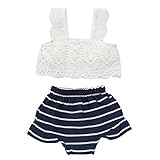 菲服 子供服Tシャツ ソリッドカラーレースベストトップTシャツ＆ストライプショートパンツ 上下セット 女の子 ベビー 可愛い 夏 (24M(100CM))