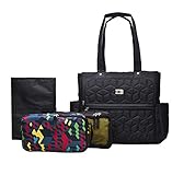 Larsuyar ベビー用品収納 4点セット おしゃれなママバッグ 大容量 縞柄 (ブラック)