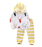 CANIS　 ベビー　 幼児　小鹿プリント　上着　帽子付き　ストライプズボン　男女兼用　黄色　上下2点セット　０～24Ｍ(80cm(6-12月))