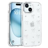 DOMAVER シルバー ミニリボン おしゃれ 韓国 iPhone15 ケース クリア 可愛い りぼん装飾 キラキラ ラメ入り シルバーパール デザイン 透明 シルバーリボン iPhone15 カバー