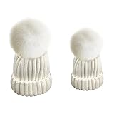 MIOIM® 親子 大人と子供 帽子 ニット帽子 2点セット ポンポン付き 無地 簡潔 純色 暖かい 折り返し 冬 厚手 プレゼント 保温 フェイクファー