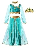 [ReliBeauty] プリンセス コスプレ ハロウィン 仮装 子供 女の子 お姫様 衣装 キッズ コスチューム お誕生日 クリスマス プレゼント ティアラ チョーカー 4点セット グリーン 140