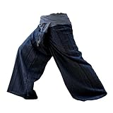 2 Tone Thai Fisherman Pants Yoga Trousers Free Size Cotton Dark Blue and Drill Striped Gray