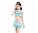 (美来Kids) 子供 女の子 セパレート 水着 フリル ドット ハート 肩紐調節 オフショルダー ビキニ ２点セット (L(115-130）, フラミンゴ・ブルー)