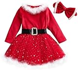 [MISOAMISO] キッズ 女の子 クリスマス サンタドレス 子供 ワンピース サンタ衣装 赤 レッド フォーマル 暖か素材 パーティー 演出用 (140, ヘアバンド付き２点セット)
