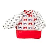 赤ちゃんにやさしい安心お食事エプロン（長袖・日本製） 防水 食べこぼし 拭くだけ簡単 立体ポケット ポルカドットとストライプのフレンチリボン（スケアー地・アイボリー） B1004400 日本製