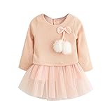 SIEGES ベビーワンピース 子供服 チュニック チュールスカート ボンボン付け 可愛い 長袖 厚手 秋冬 (100cm, ピンク)