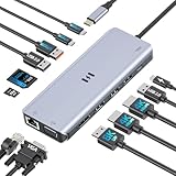 USB C ドッキングステーション 4画面対応 13-in-1ドック USB CデュアルHDMI 8K DisplayPort VGA RJ45 SD/Micro SD USB A&C 3.1 10Gbps PD 100W 2 HDMI HUB HP Dellノートパソコン対応