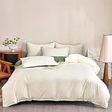 Ovege 布団カバー 3点セット シングル 掛け布団カバー ボックスシーツ 枕カバー 洋式・和式兼用 2方向ジッパー マイヤール ワッペン縫い 100％マイクロファイバー ピーチスキン加工 洗い替え速乾 ベージュ*グリーン