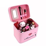 ［ドリーマー］　メイクボックス　コスメ　化粧道具入れ　化粧ポーチ　化粧ボックス　バニティーケース　取っ手付　鏡付き　携帯性　可愛い　唇柄　機能的　美容　ファスナー　トラベル　大容量　ピンク