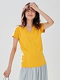 ANGELIEBE エンジェリーベ マタニティ 授乳口付き Tシャツ 綿混 やわらか フライス 半袖 Vネック 授乳服 産前 産後 M～L マスタード 21757