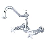 Kingston Brass KS1241PX Heritage Wall Mount 8-Inch Center Kitchen Faucet, Porcelain Cross Handle, 8-
