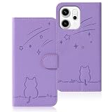 Rosbtib OPPO Reno14 ケース 手帳型 OPPO Reno 14 ケース 流れ星子猫 オッポ リノ14 ケースカバー 可愛い 猫柄 ねこ Reno14ケース 財布型 耐衝撃 おっぽ りの14 携帯カバー カード収納 オッポReno14 スマホケース オシャレ 軽量 耐久性 スタンド機能 PUレザー 内蔵マグネット 6.6インチ対応（パープル）