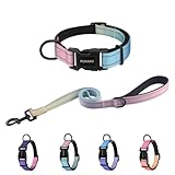 PUKAKO 犬首輪 リード セット 犬用首輪 犬用リード 小型犬 中型犬 大型犬 調節可能 夜間反射 おしゃれ メッシュ 通気性 柔らかいパッド ソフト (マカロン,XS)