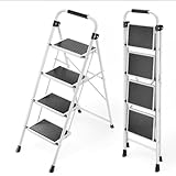 【収納士監修】脚立 はしご 室内脚立 折りたたみ踏み台 完成品·組立不要 ： 軽量 多重滑り止め 安全 手すり付き 2段・3段・4段軽量梯子 耐荷重150kg 片開き 家庭用 おしゃれ 安い 白 ホワイト スチール製 コンパクト省スペ一ス 保管が簡单 リビングルーム、書斎、寝室、キッチンに適しています (4段)