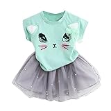 LANDFOXキッズ用ガールズCartoon Little KittenプリントシャツドレスClothesセット カラー: グリーン