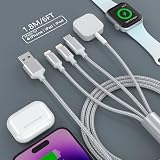 【2023新設計】4in1 Apple Watch 充電器 4in1 充電ケーブル 4台同時充電 3A急速充電 ナイロン織 アップルウォッチ 充電器 iPhone/Apple Watch Series 1/2/3/4/5/6/7/8/9/Ultra 2/SE 各種対応-1.8M シルバー