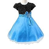 xuguozhu フォーマルワンピース　女の子　ランドネック　半袖　カラー切り替え　チュチュドレス　大きいリボン付　2タイプ　ダンス　結婚式　コスチューム　可愛い　ブルー　120cm